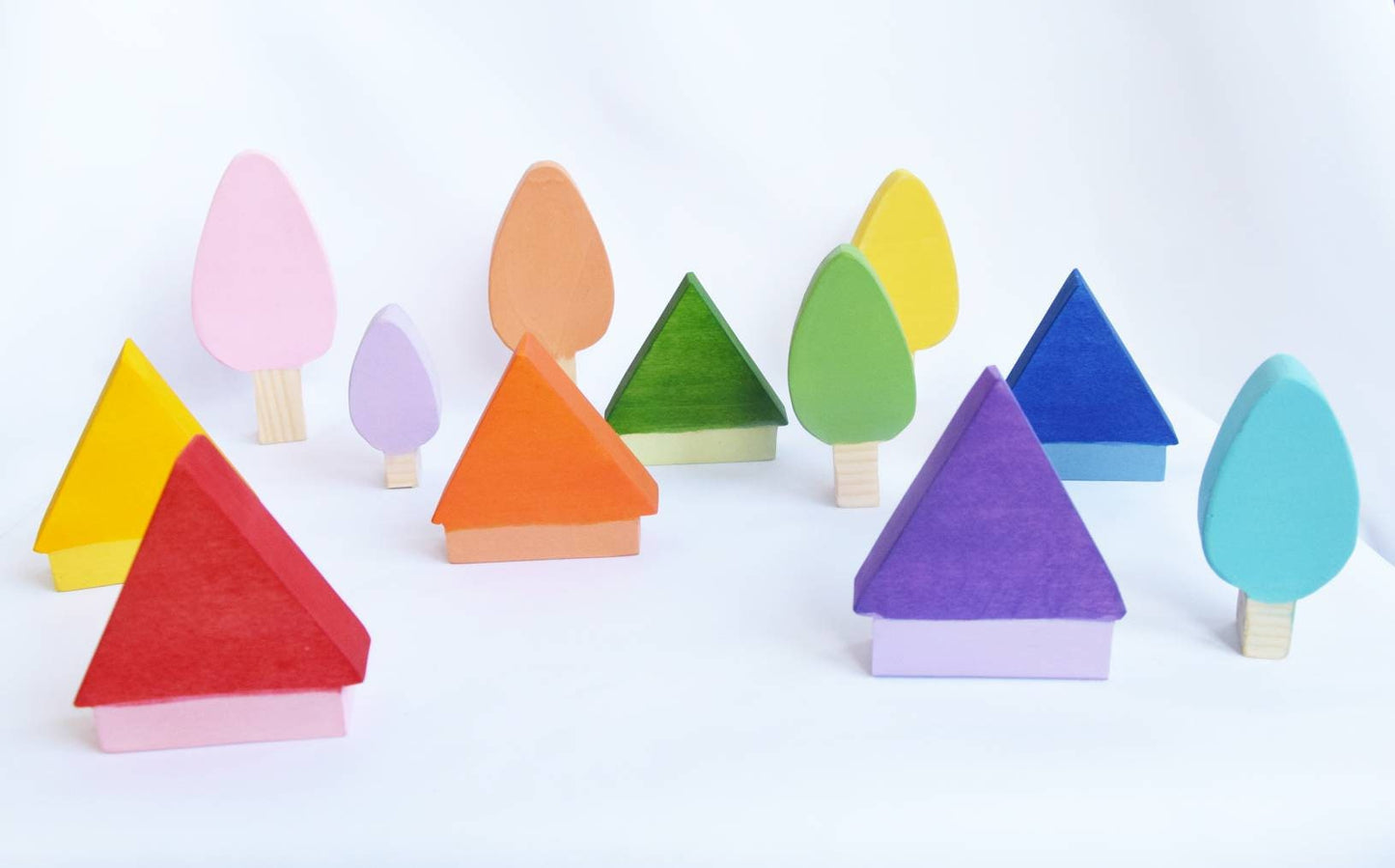 pastel trees and houses, wood toy, wooden trees toy, loose parts, waldorf toy, rainbow toy set, rainbow decoration, mushrooms, gift for kid
