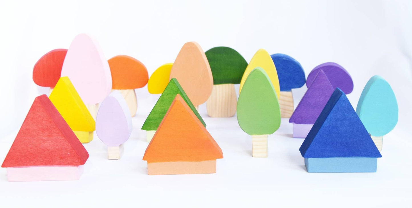 Wooden mushrooms, trees and houses, wood toy, toy, loose parts, waldorf toy, rainbow toy set, rainbow decoration, mushrooms, gift for kids