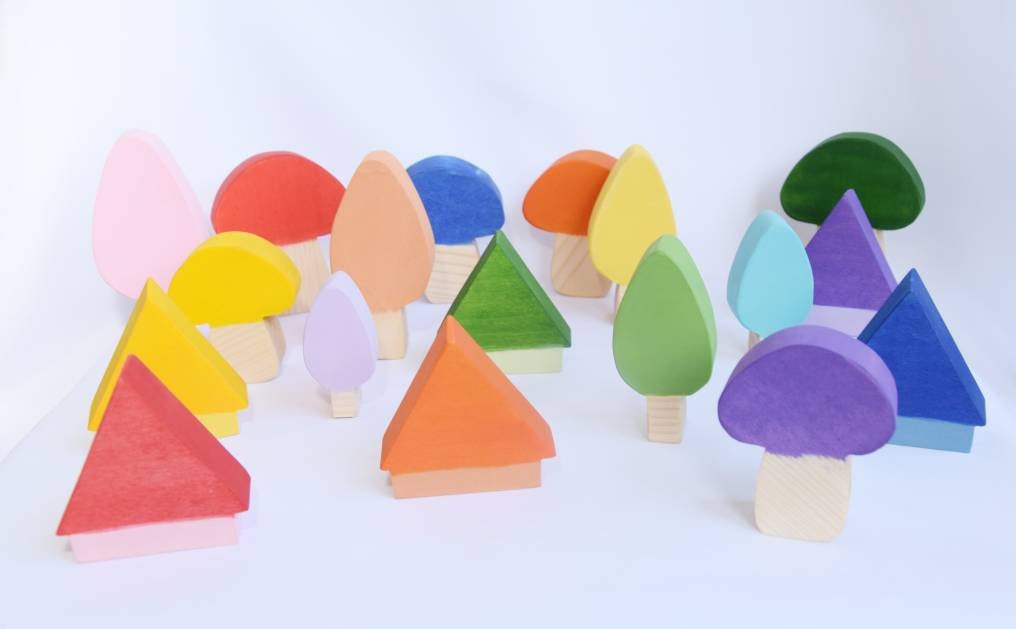 Wooden mushrooms, trees and houses, wood toy, toy, loose parts, waldorf toy, rainbow toy set, rainbow decoration, mushrooms, gift for kids