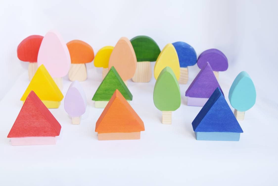 Wooden mushrooms, trees and houses, wood toy, toy, loose parts, waldorf toy, rainbow toy set, rainbow decoration, mushrooms, gift for kids