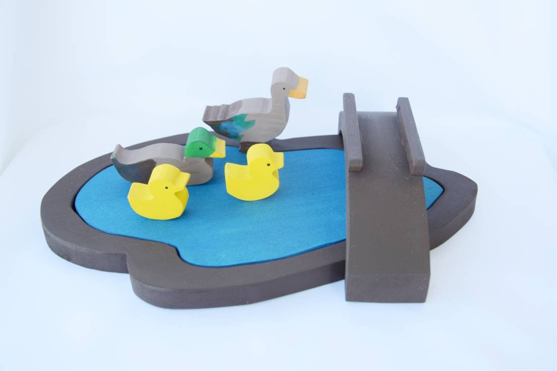Wooden pond with ducks, wooden lake, waldorf ducks, wooden play scene, birthday gift, christmas present, gift for kids, waldorf wooden toy