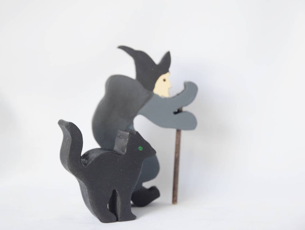 Witch with cat wooden toy set, Halloween decor, waldorf inspired, story sack, wooden witch decor, fall party, seasonal display, wooden witch