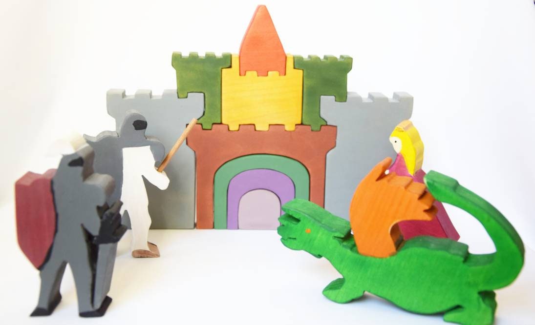 castle with knights toy set, wooden castle, stacking castle, wooden knights and princess, waldorf inspired, wooden dragon, christmas present
