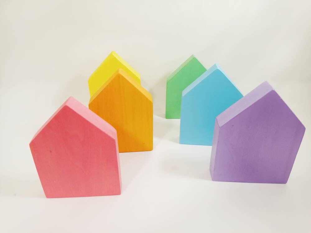 Pastel rainbow houses wooden toy set