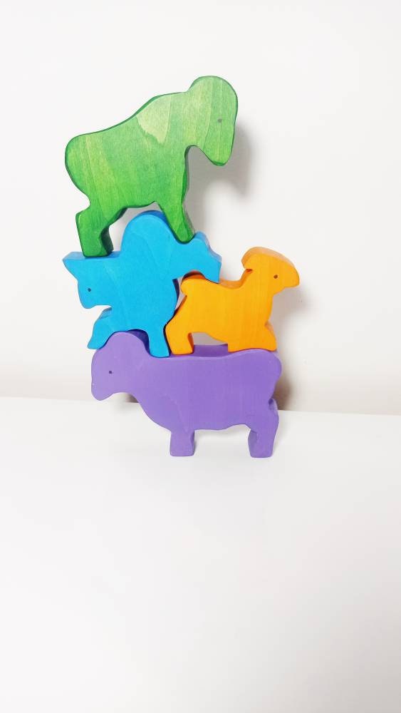 balance wooden toy goats, stacking toy, wooden stacker, stacking animals, wooden goats toy, nesting toy, baby shower gift, toy stacker