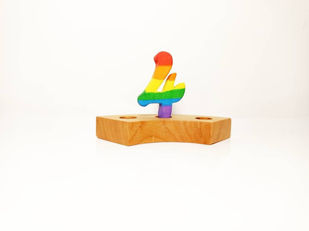 Rainbow number four birthday ring ornament, celebration ring ornament, waldorf wooden birthday ring, rainbow numbers, advent spiral decor