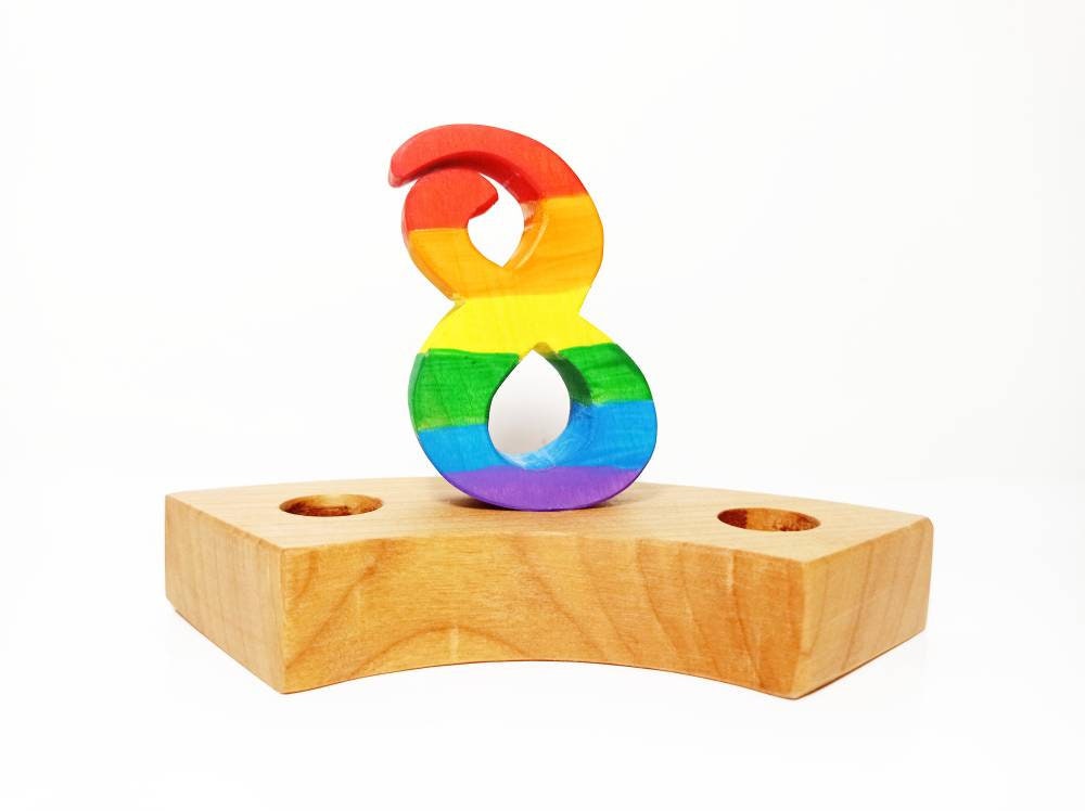 Rainbow number eight birthday ring ornament, celebration ring ornament, waldorf wooden birthday ring, rainbow numbers, advent spiral decor