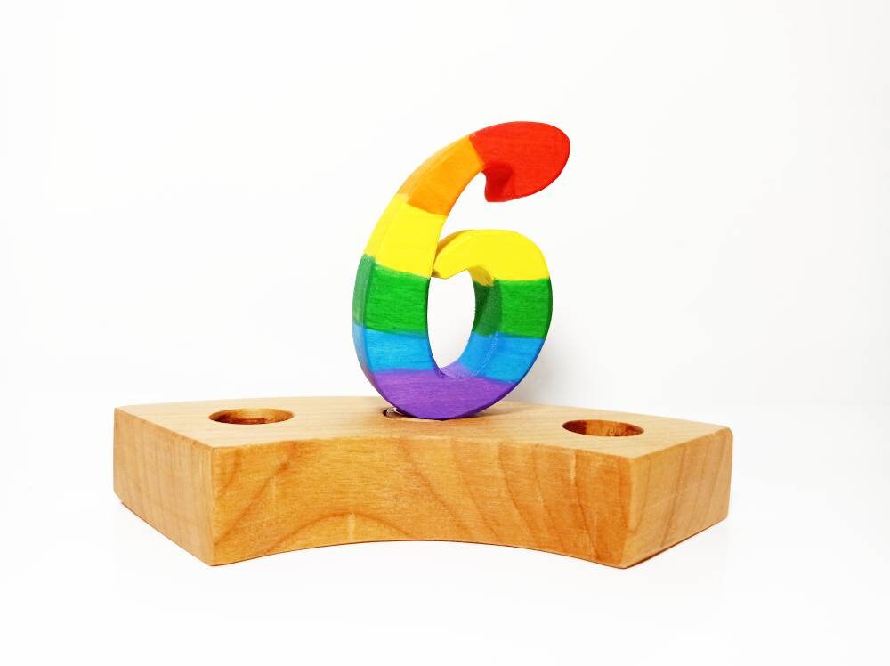Rainbow number six birthday ring ornament, celebration ring ornament, waldorf wooden birthday ring, rainbow numbers, advent spiral decor