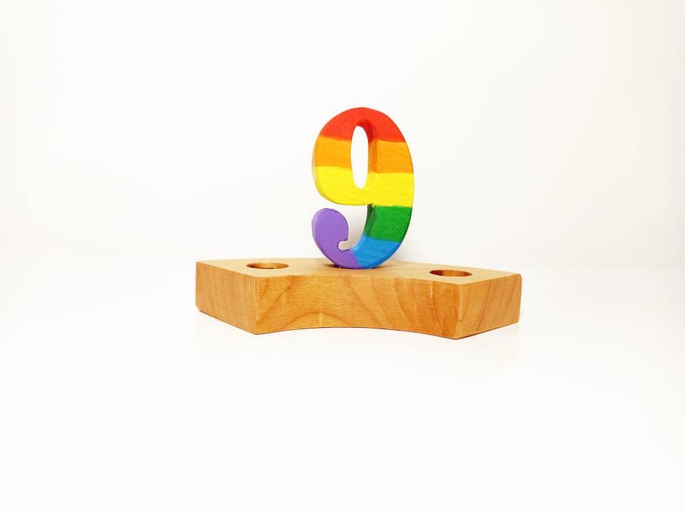 Rainbow number nine birthday ring ornament, celebration ring ornament, waldorf wooden birthday ring, rainbow numbers, advent spiral decor