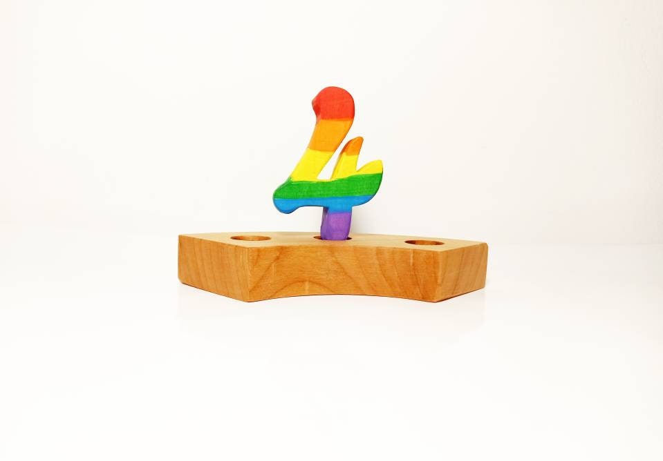 Rainbow number four birthday ring ornament, celebration ring ornament, waldorf wooden birthday ring, rainbow numbers, advent spiral decor
