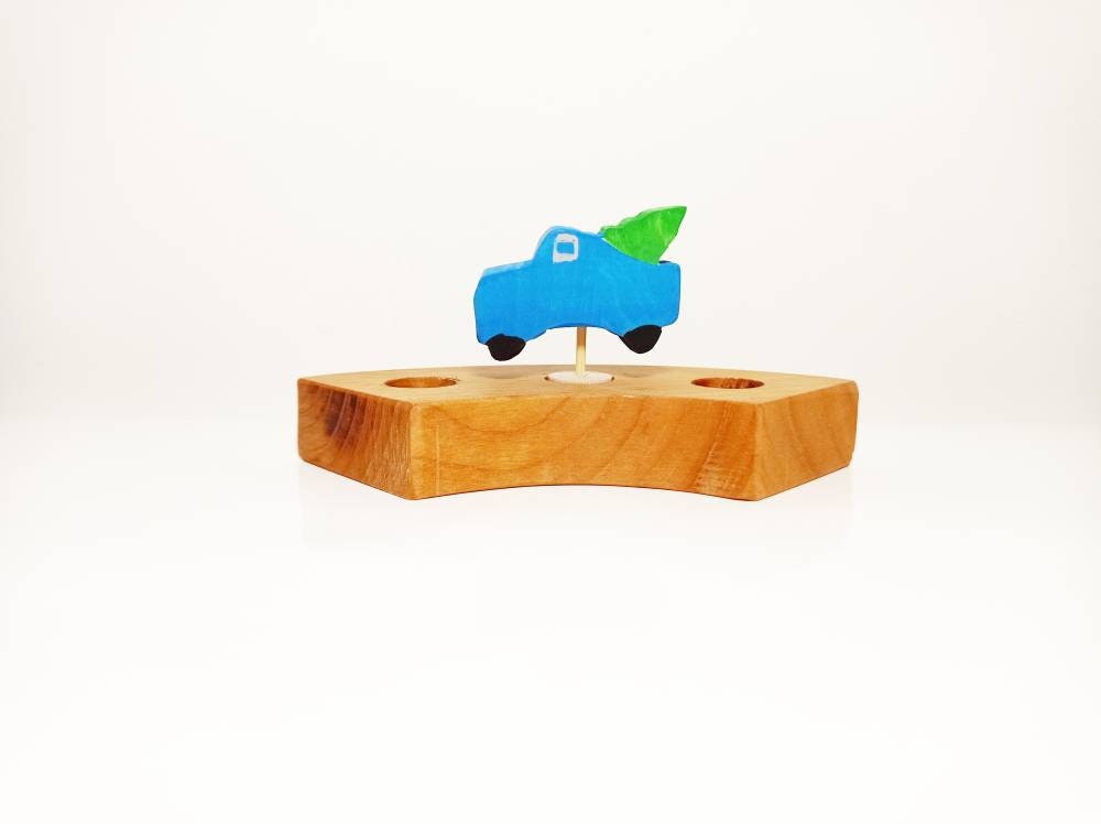 Blue truck with christmas tree waldorf celebration ring ornament