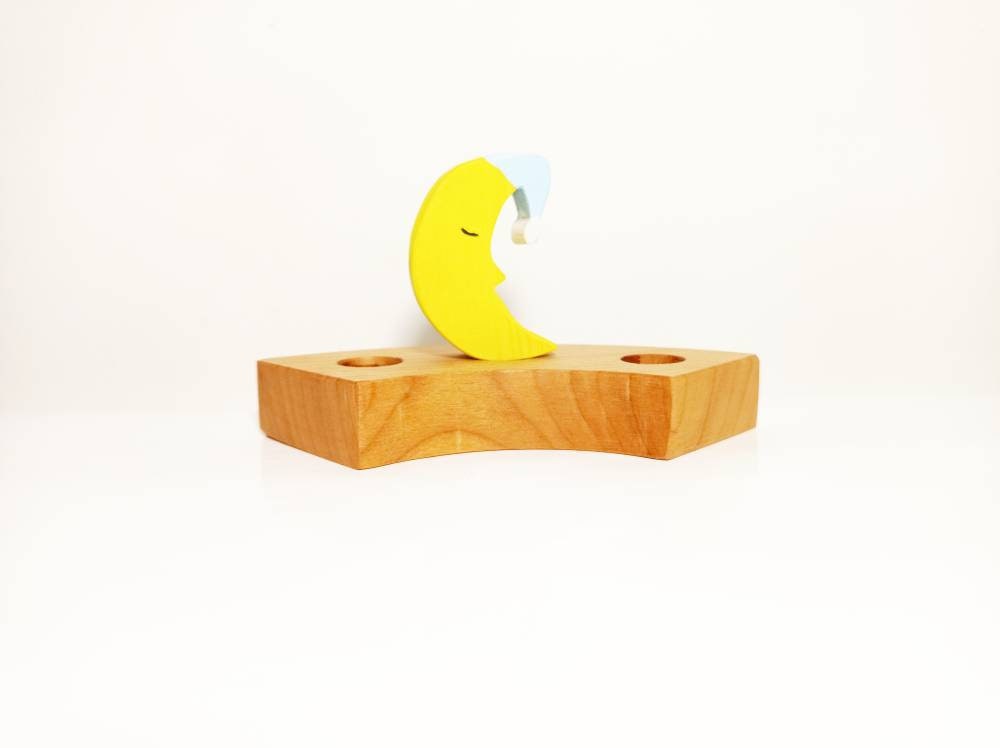 Sleepy moon celebration ring ornament, waldorf birthday ring ornament, waldorf wooden ring decoration, advent spiral, moon ring ornament