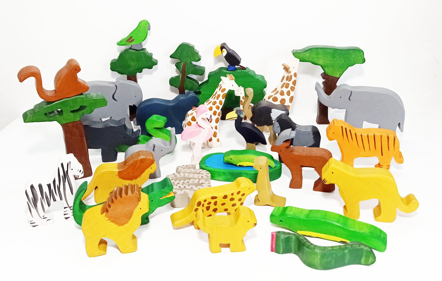 Safari exotic animals wooden toy 36pieces set, wooden animals toy set, waldorf inspired wooden animals, christmas birthday gift for kids