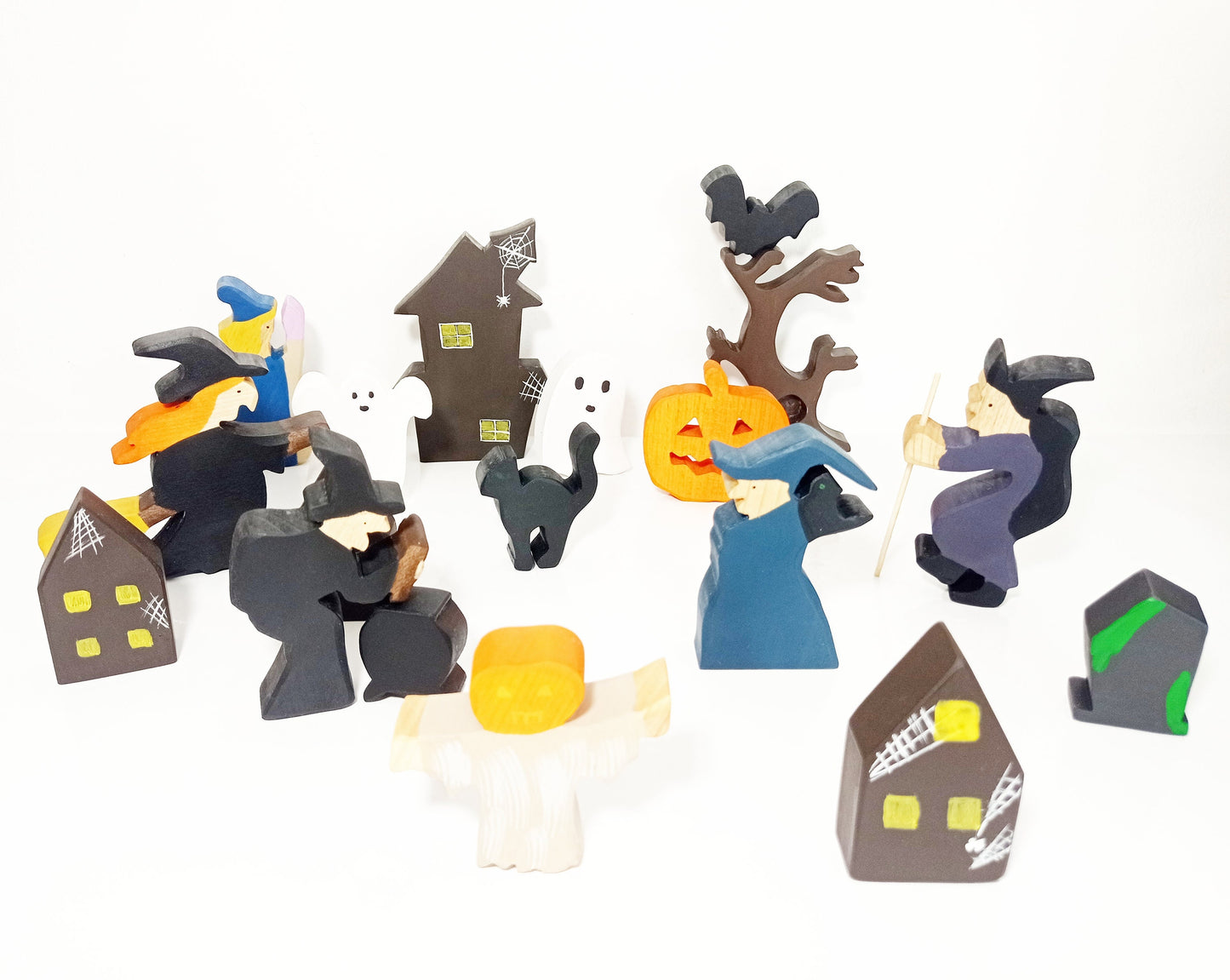 Halloween wooden toy set, halloween play scene, witches wooden toy, haunted village invitation to play, haunted witch village wooden toy set
