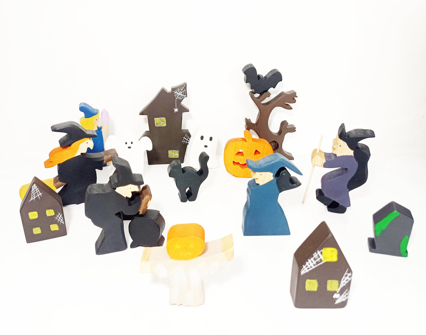 Halloween wooden toy set, halloween play scene, witches wooden toy, haunted village invitation to play, haunted witch village wooden toy set