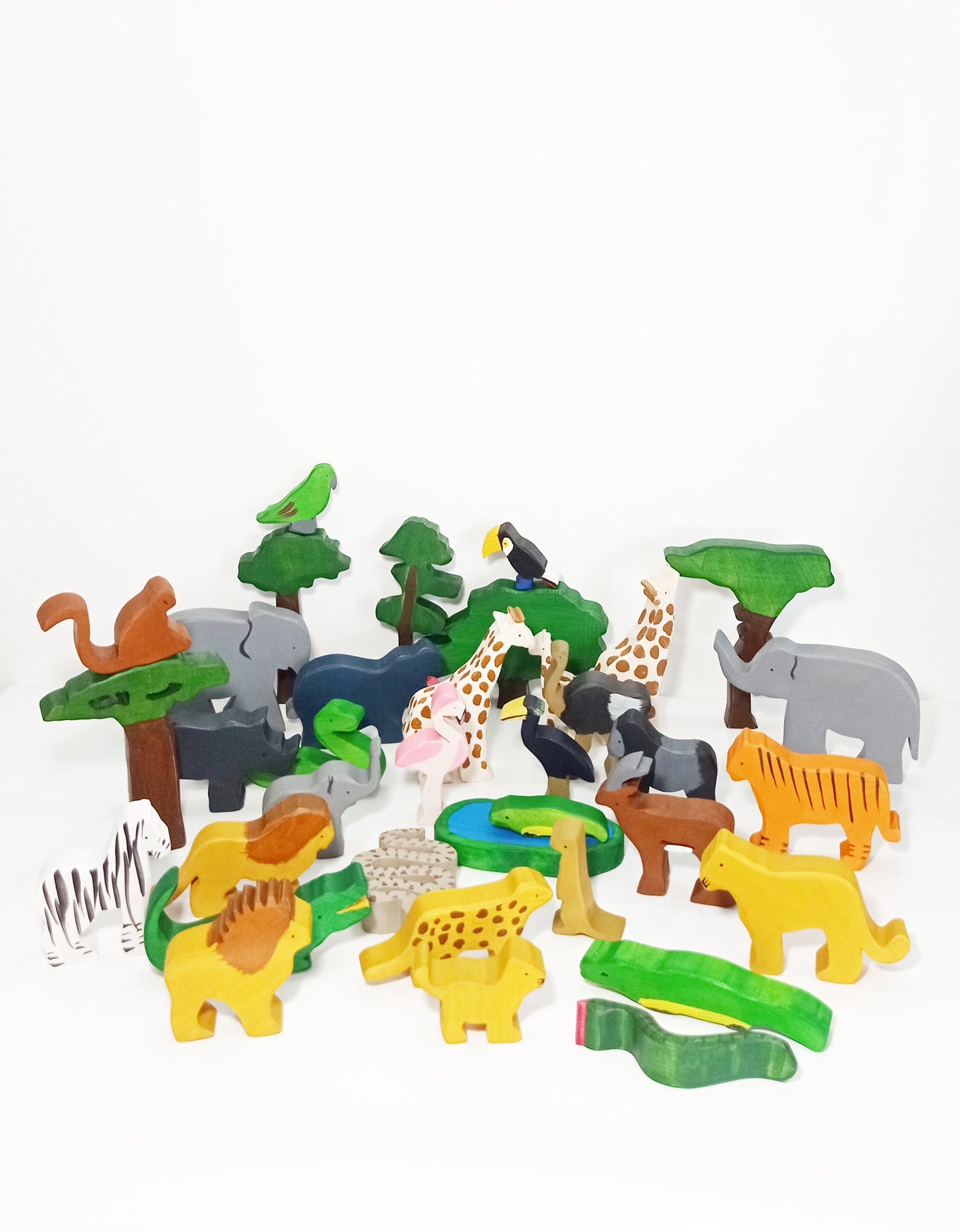 Safari exotic animals wooden toy 36pieces set, wooden animals toy set, waldorf inspired wooden animals, christmas birthday gift for kids