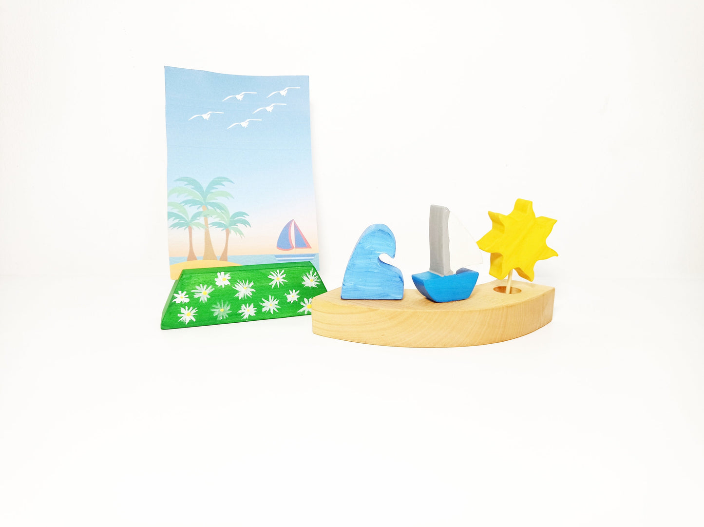 Waldorf card holder, waldorf inspired decoration, seasonal table decoration, waldorf wooden post card holder, seasonal postcard holder