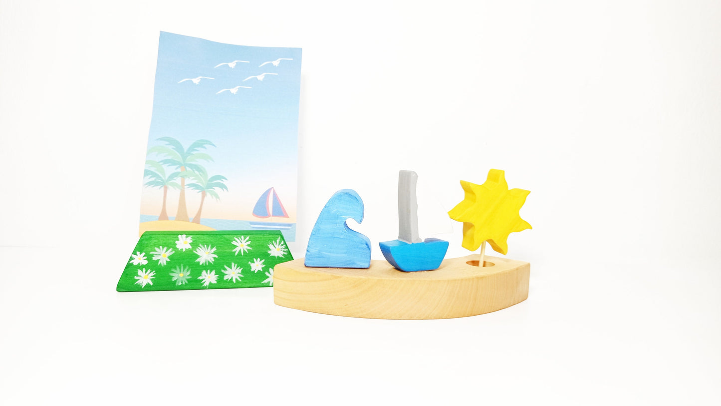 Waldorf card holder, waldorf inspired decoration, seasonal table decoration, waldorf wooden post card holder, seasonal postcard holder