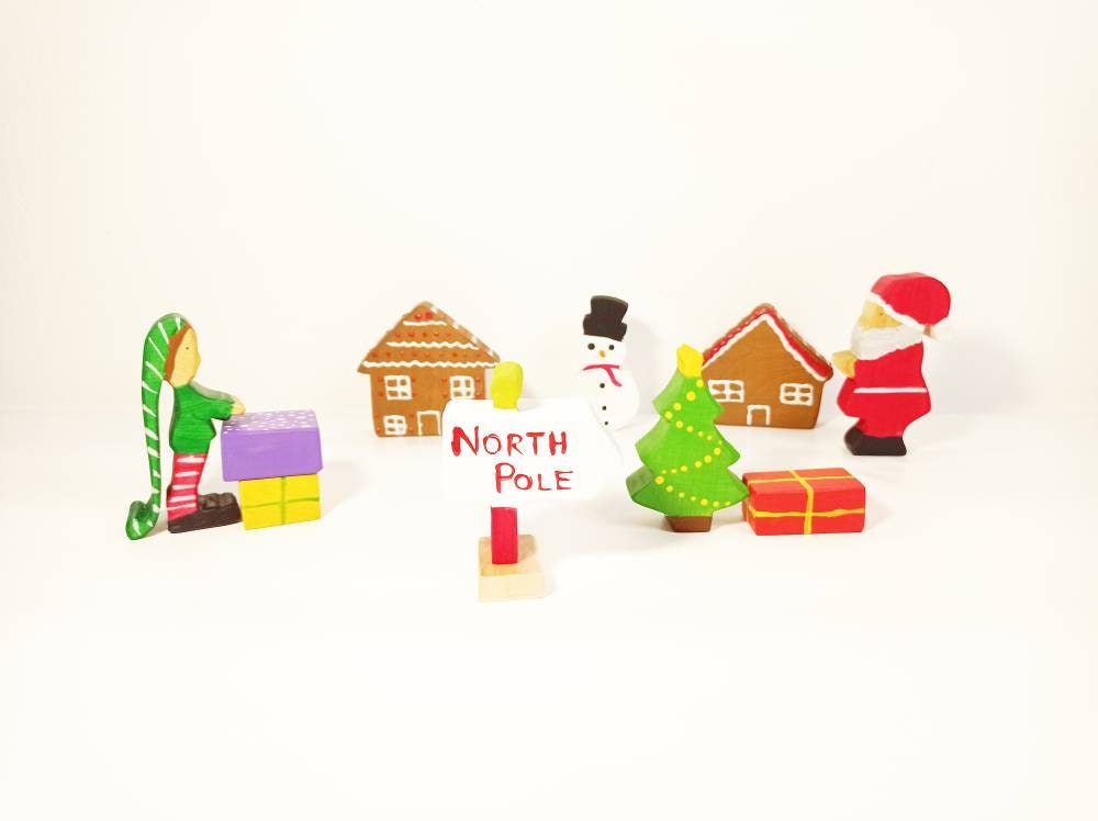 Santa village wooden toy set, santa wooden toy set, waldorf wooden toy set, waldorf santa, santa with gifts toy set, open ended play toy set