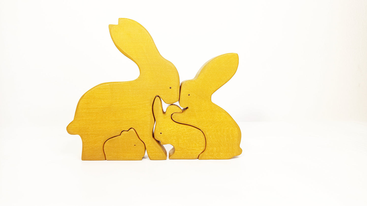Wooden rabbits family puzzle, wooden hare family puzzle toy set, home decor, waldorf animal family wooden toy set, animal figurines