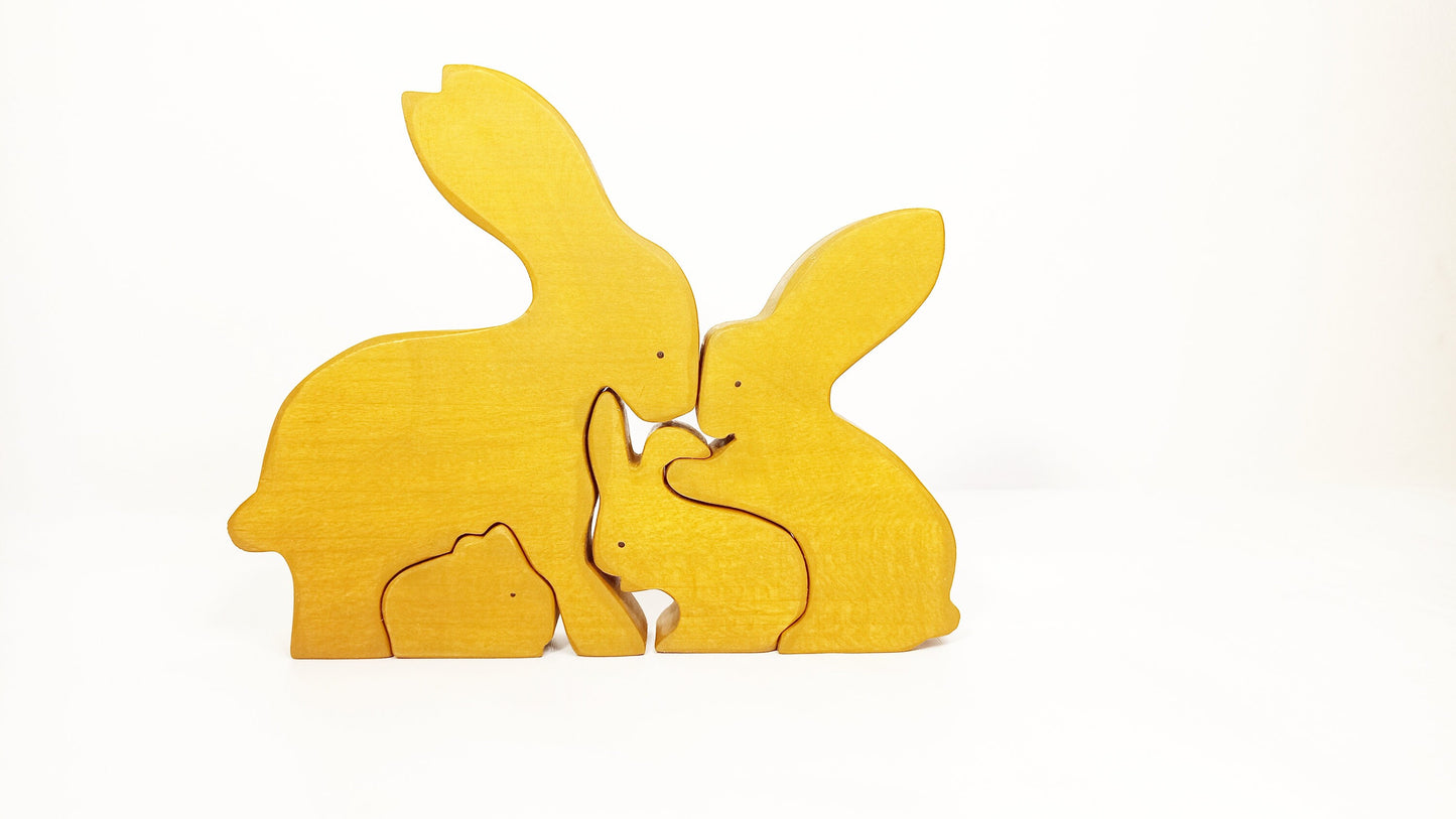 Wooden rabbits family puzzle, wooden hare family puzzle toy set, home decor, waldorf animal family wooden toy set, animal figurines