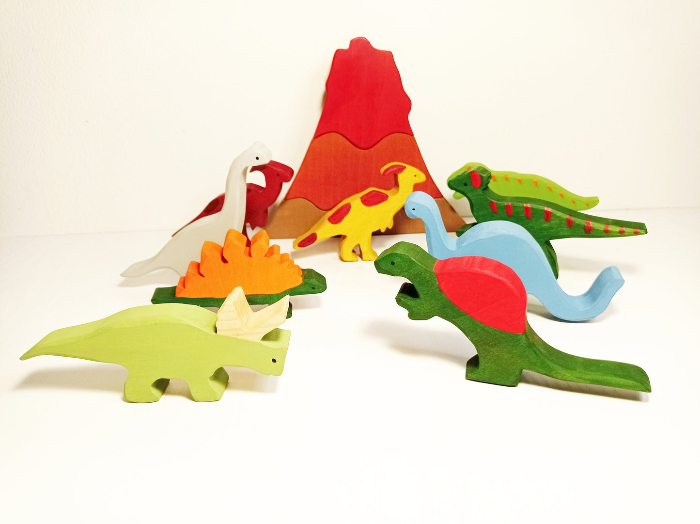 Dinosaur world with volcano stacking toy set, wooden waldorf toys, gift for kids, stacking toys, wooden animals dinosaur, dino wood toy gift