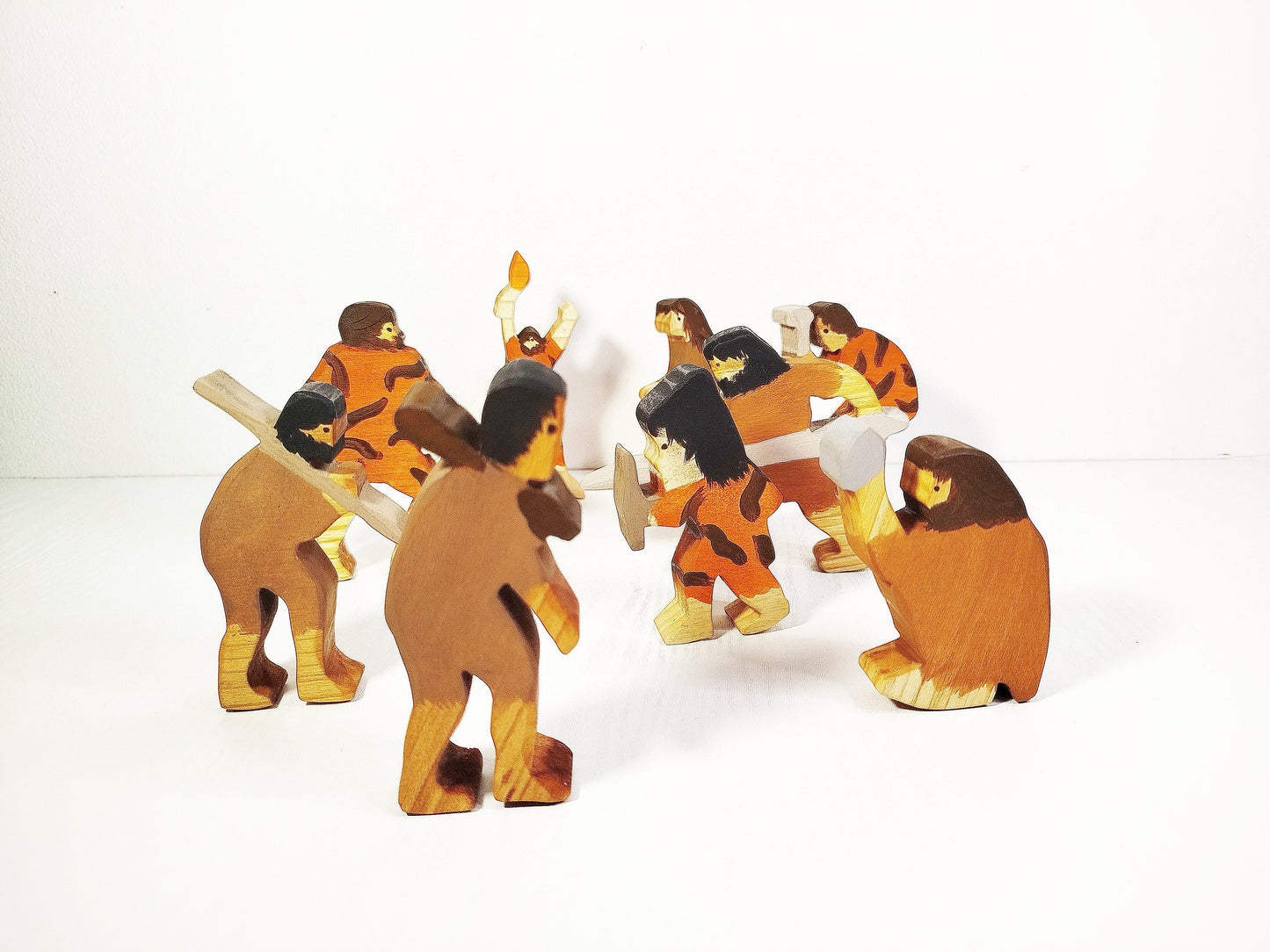 Caveman 9 pcs wooden toy set, waldorf wooden toy, wooden prehistoric inspired toys, prehistoric people waldorf wooden toy, neanderthal