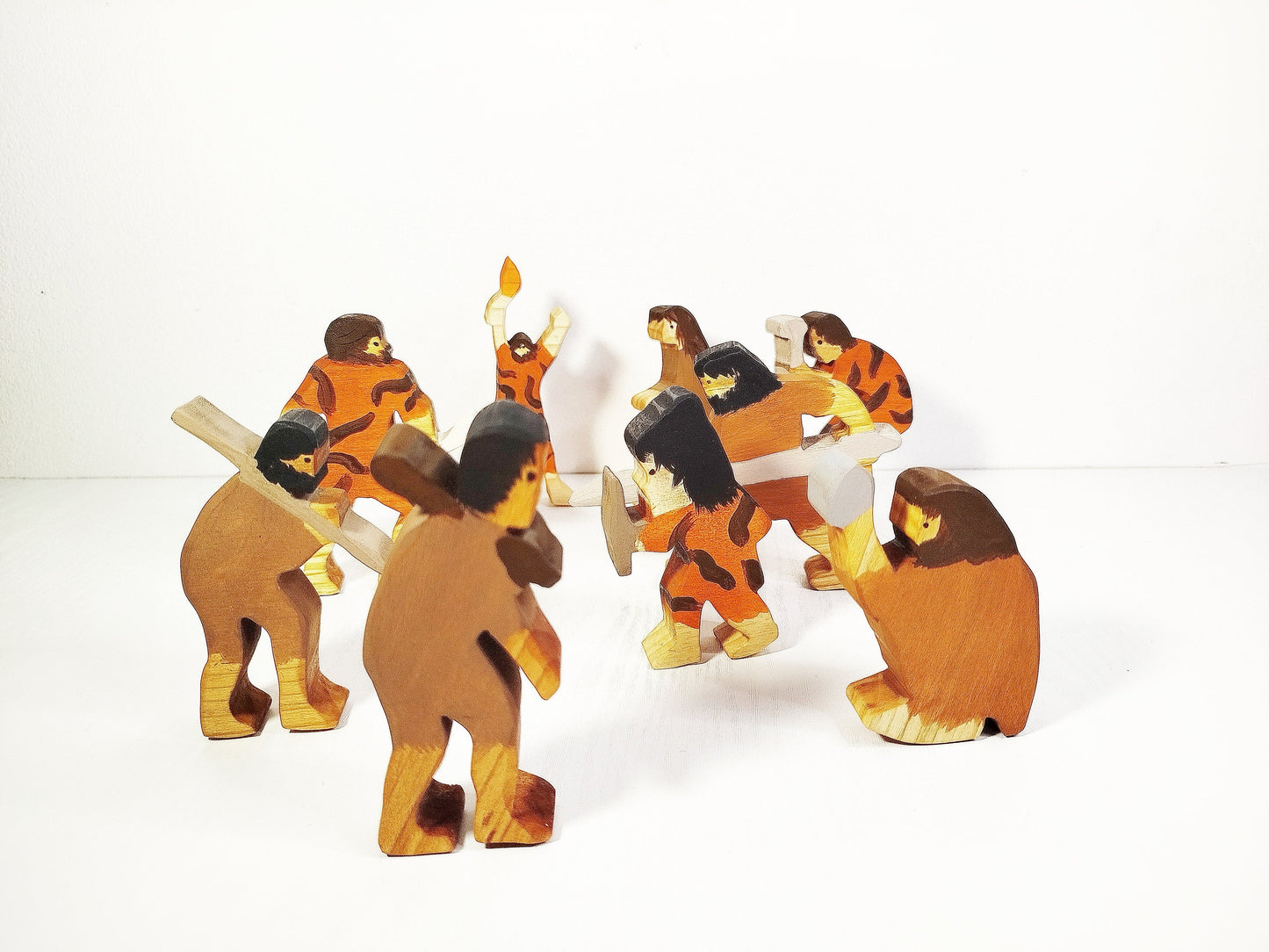 Caveman 9 pcs wooden toy set, waldorf wooden toy, wooden prehistoric inspired toys, prehistoric people waldorf wooden toy, neanderthal