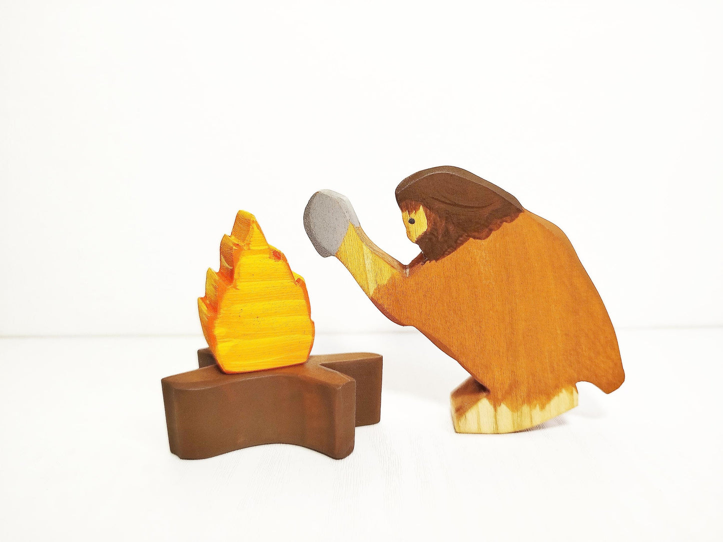 Caveman with rock and fire wooden toy figurine, eco-friendly, heirloom quality waldorf prehistoric toy, imaginative play, open ended gift