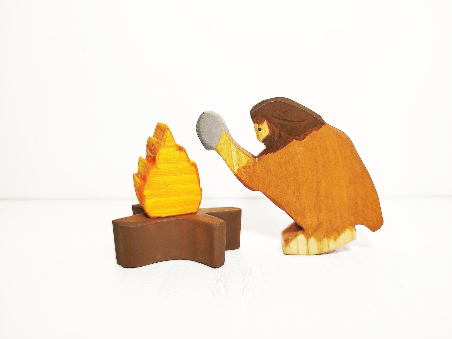 Caveman with rock and fire wooden toy figurine, eco-friendly, heirloom quality waldorf prehistoric toy, imaginative play, open ended gift