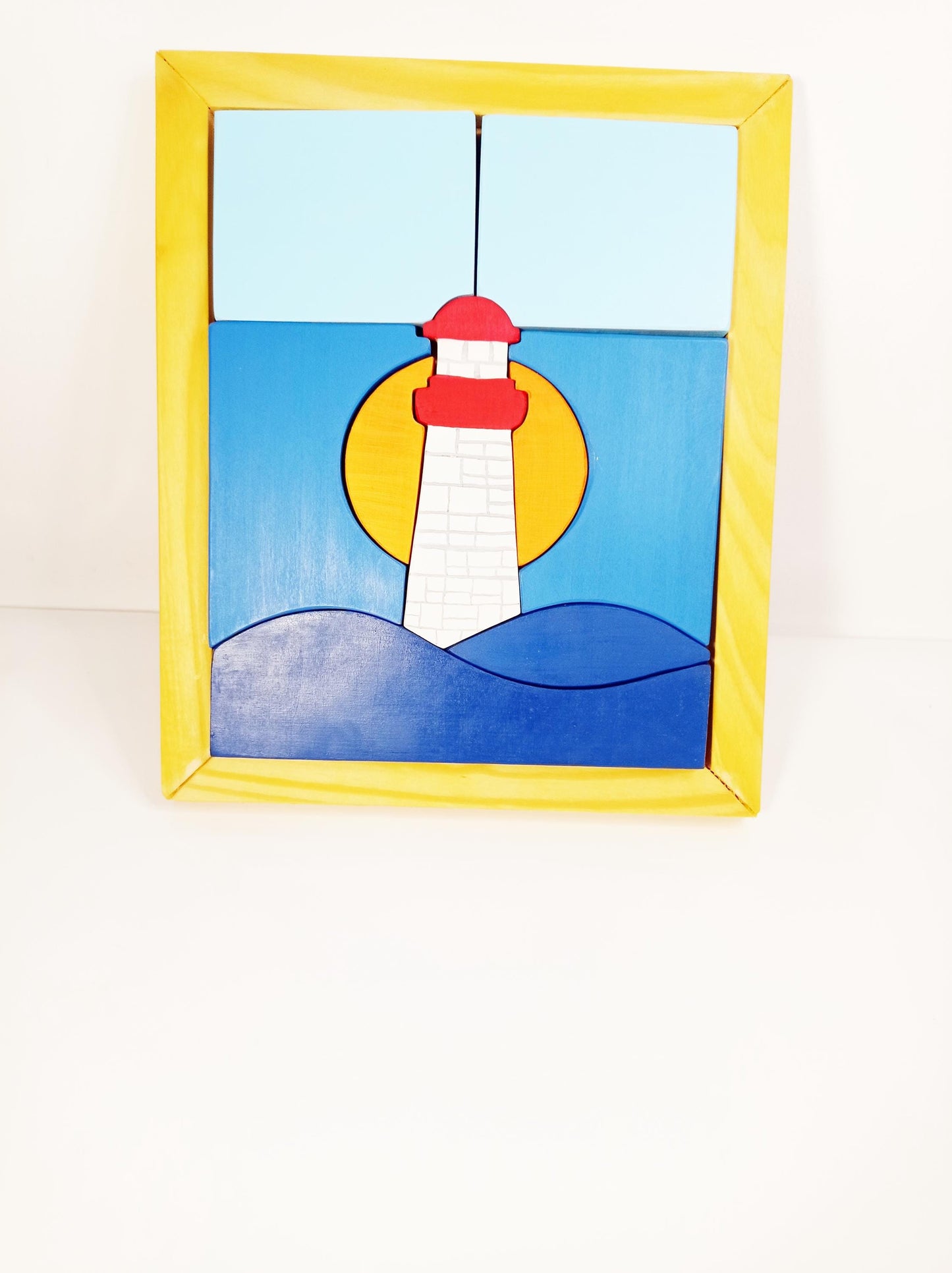 Wooden puzzle lighthouse at sea, wooden puzzle in frame, waldorf puzzle, montessori toy, open ended play, christmas gift for kids, puzzle