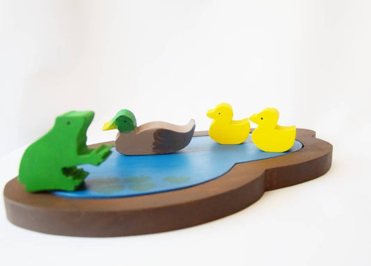 Wooden pond with 3 ducks and frog, waldorf wooden pond toy, ducks wooden toy, imaginative open ended play toy set, christmas gift for kids