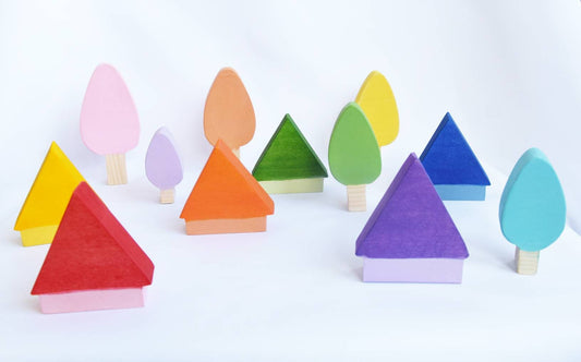 pastel trees and houses, wood toy, wooden trees toy, loose parts, waldorf toy, rainbow toy set, rainbow decoration, mushrooms, gift for kid