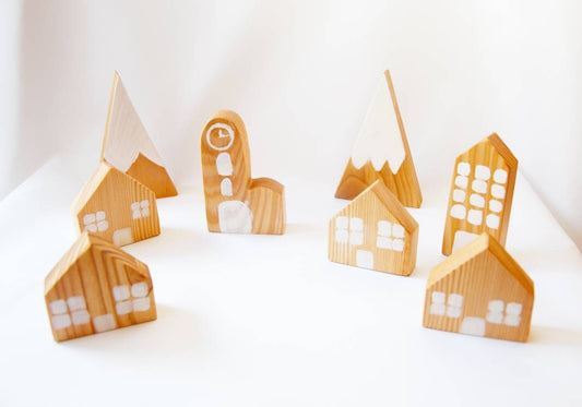 Wooden village, wooden houses, wooden mountains, wooden toy, wooden waldorf toys, open ended toy set, pretend play,  imaginative play set