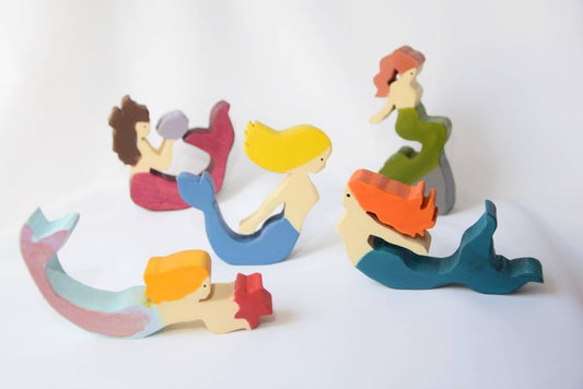 Mermaid wooden toy set, wooden mermaids, mermaid on the rock wooden toy, wooden mermaid waldorf inspred toy set, open ended inclusive toy