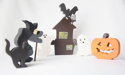 Witch house wooden set, halloween toy set, waldorf inspired, halloween decor, haunted house, wooden jack o' lantern, wooden witch, halloween