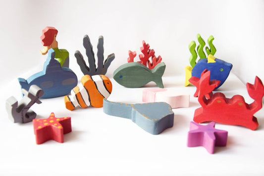 Wooden sea world toy set, sea world creatures, fishes, wooden animals set, imaginative play, open ended waldorf toy set