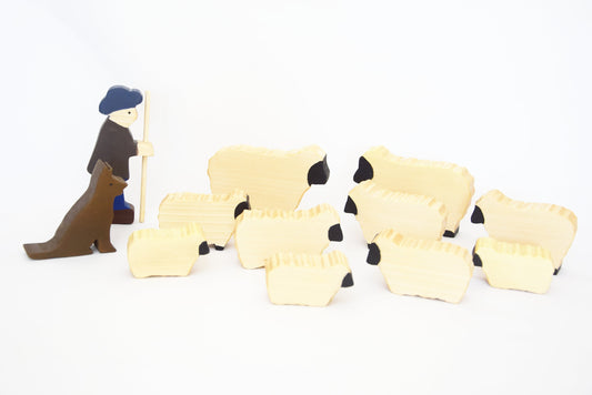 Shepherd with sheep, wooden play set, open ended play, sheep wooden animals, pretend play, waldorf inspired, wooden animals toy set