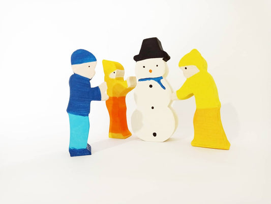 Kids with snowman, winter scene, wooden winter seasonal table decor, waldorf decoration, wooden toy set, wooden snowman, winter decor