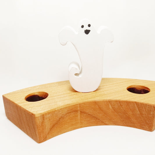 White ghost celebration ring ornament, birthday ring decor, waldorf wooden ring, seasonal table decor, halloween celebration ring ornament