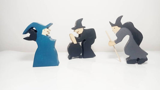 Three witches wooden set, wooden witches, waldorf wooden toys, halloween toys, witch decoration, wooden haloween witches, wooden toy set