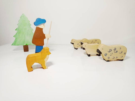 Shepherd with sheep and dog wooden toy set, wooden sheep, farm scene wooden play set, wooden farmer toy, imaginative play, open ended toy