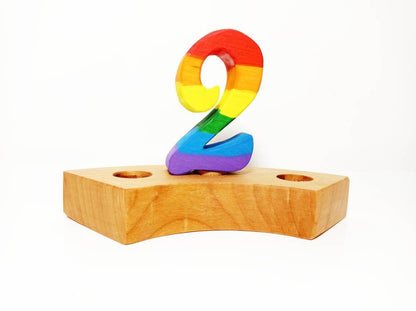 Rainbow number two birthday ring ornament, celebration ring ornament, waldorf wooden birthday ring, rainbow numbers, advent spiral decor