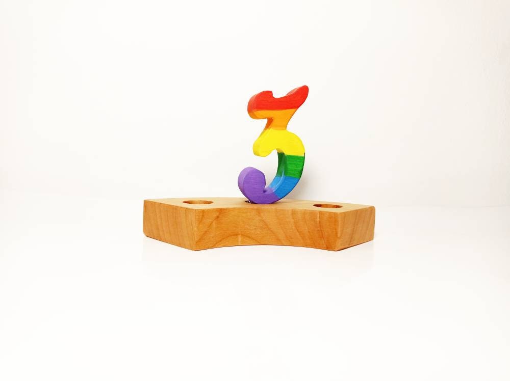 Rainbow number three birthday ring ornament, celebration ring ornament, waldorf wooden birthday ring, rainbow numbers, advent spiral decor