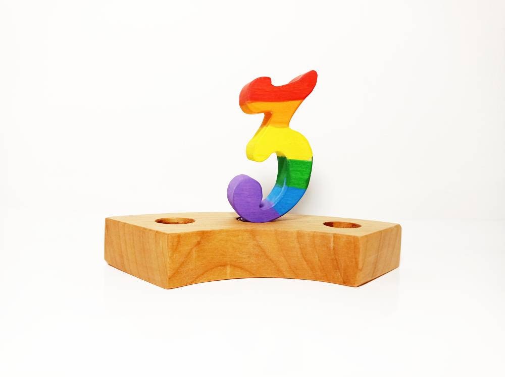 Rainbow number three birthday ring ornament, celebration ring ornament, waldorf wooden birthday ring, rainbow numbers, advent spiral decor