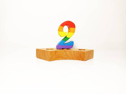 Rainbow number two birthday ring ornament, celebration ring ornament, waldorf wooden birthday ring, rainbow numbers, advent spiral decor