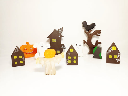 Halloween ghost haunted village toy set, waldorf inspired halloween wooden toys, haunted village toy set, wooden ghost house toy set