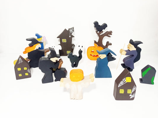 Halloween wooden toy set, halloween play scene, witches wooden toy, haunted village invitation to play, haunted witch village wooden toy set