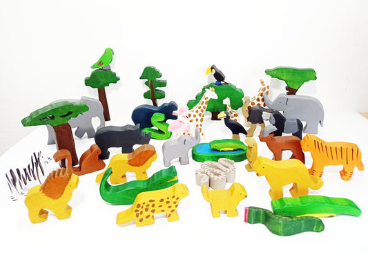 Safari exotic animals wooden toy 36pieces set, wooden animals toy set, waldorf inspired wooden animals, christmas birthday gift for kids