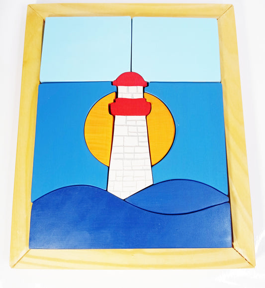 Wooden puzzle lighthouse at sea, wooden puzzle in frame, waldorf puzzle, montessori toy, open ended play, christmas gift for kids, puzzle